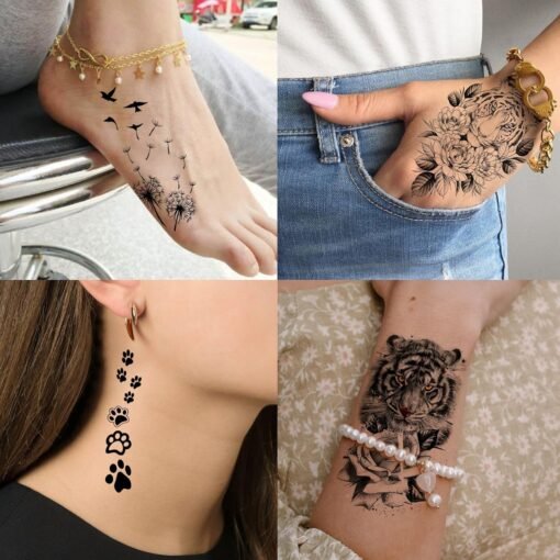 72 Sheets Realistic Lion Rose Flower Temporary Tattoos For Women Girls Adults Arm, Bulk Temp Sleeve Tattoos Peony Fox Wolf Florals, Halloween 3D Realistic Fake Tattoo Stickers Skull Skeleton Tiger - Image 6