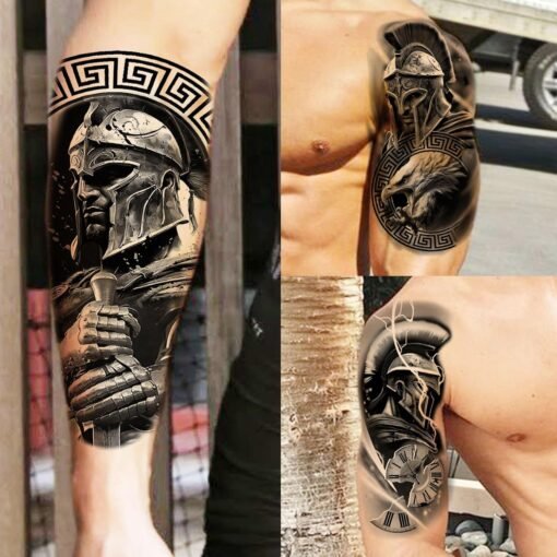 74 Sheets Black Gladiator Temporary Tattoos For Men Adults Forearm, Halloween Half Arm Sleeve Tattoo For Women Greek Mythology Spartan Warriors Knight, Long Lasting Fake Tattoo Stickers Lion Eagle War - Image 3