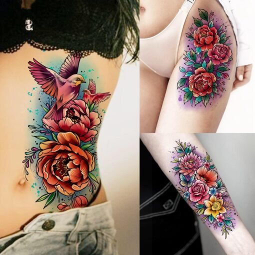69 Sheets Watercolor Rose Flower Temporary Tattoos For Women Girls Adults Forearm, Flamingo Temp Arm Sleeve Tattoo Peony Florals Red Blue Skull Tiger, Bulk Long Lasting Fake Tattoo Stickers Butterfly - Image 4