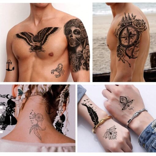 32 Sheets Temporary Tattoos Stickers, 8 Sheets Fake Body Arm Chest Shoulder Tattoos for Men Women with 24 Sheets Tiny Black Temporary Tattoos - Image 4