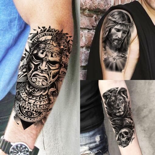 73 Sheets Zeus God Temporary Tattoos For Men Adults Forearm, Halloween Lion Poseidon Half Arm Sleeve Tattoo For Women Jesus Christ Skeleton Maori Warrior, Temp Bulk Fake Tattoo Stickers Eagle Tiger - Image 3
