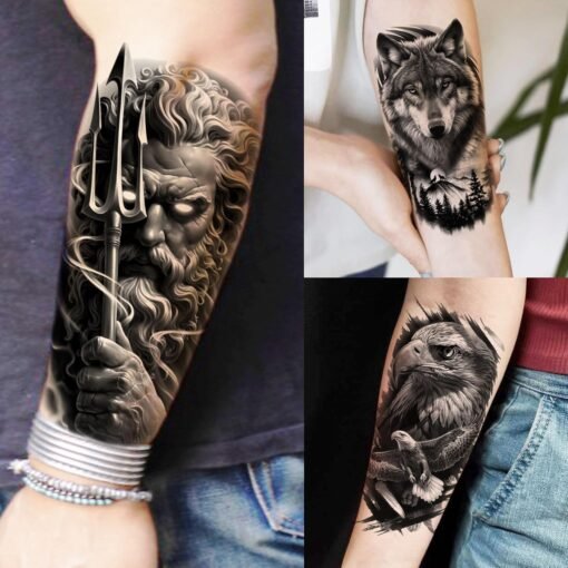 73 Sheets Zeus God Temporary Tattoos For Men Adults Forearm, Halloween Lion Poseidon Half Arm Sleeve Tattoo For Women Jesus Christ Skeleton Maori Warrior, Temp Bulk Fake Tattoo Stickers Eagle Tiger - Image 4