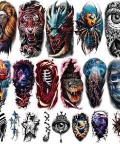 77 Sheets 3D Realistic Temporary Tattoos Adults Kids, Realistic Skull Tiger Wolf Lion Dragon Spider Snake Temporary Tattoos For Women Men, Half Arm 3D Halloween Temp Tattoos Look Real And Last Long