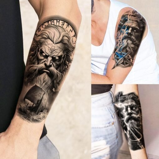 74 Sheets Black King Of The Greek God Zeus Temporary Tattoos For Women Men Adults Mythology, Poseidon Trident Halloween Fake Tattoo Stickers Compass Tribal Eye Totem, Temp Gothic Tattoo Lightning Bolt - Image 3