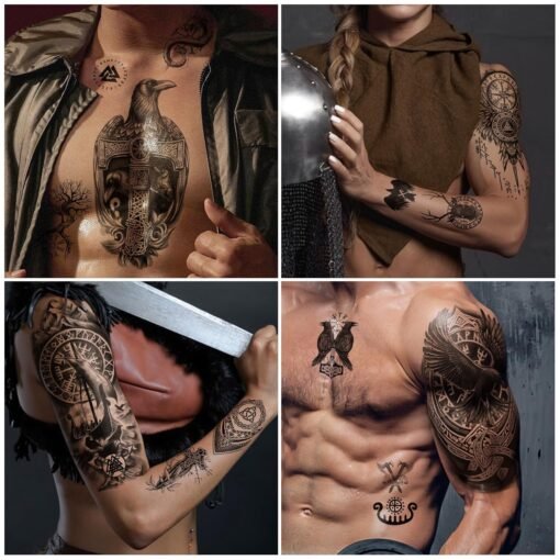 77 Sheets Viking Temporary Tattoos Adult Kids, Viking Pirate Tribal Totem Fake Tattoos Stickers, Nordic Norse Celtic Half Arm Sleeve Tattoos Body Art for Women Men - Image 6