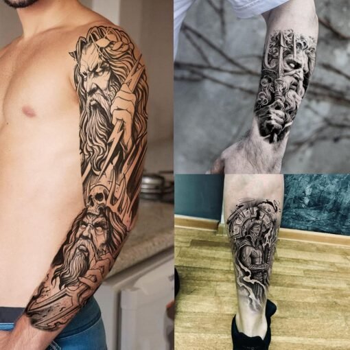 20 Sheets Black Zeus God Full Arm Temporary Tattoos For Men Adults, Egypt Judgement God Albis Snake Medusa Poseidon Fake Sleeve Tattoos For Women - Image 4