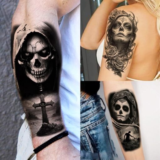 71 Sheets Halloween Chicano Women Temporary Tattoos For Men Adults Cholo Chola, Snake Prison Skull Skeleton Vampire Zombie Half Arm Sleeve Tattoo, Temp Bulk Fake Tattoo Stickers Day of Death Chicana - Image 3