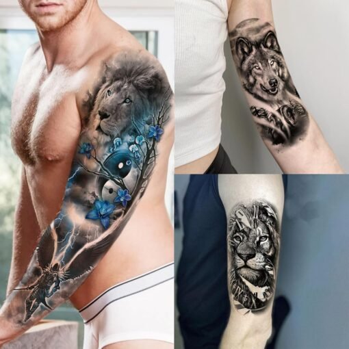 20 Sheets Cool Lion Full Arm Temporary Tattoos For Men Adults Thigh, Wolf Tiger Warrior Maori Totem Fake Sleeve Tattoos For Women, 3D Bulk Black Tribal Clock Halloween Tattoo Stickers - Image 4