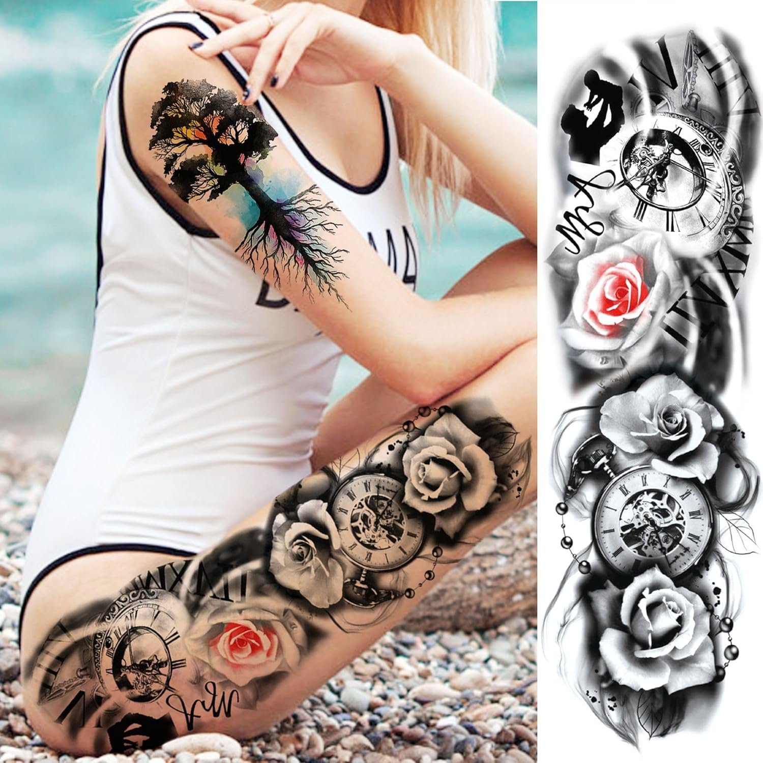 20 Sheets Sexy Rose Flower Full Arm Temporary Tattoos For Women Girl, Large Peony Lotus Florals Wolf Lion Tiger Fox Skull Fake Sleeve Tattoo - Image 4