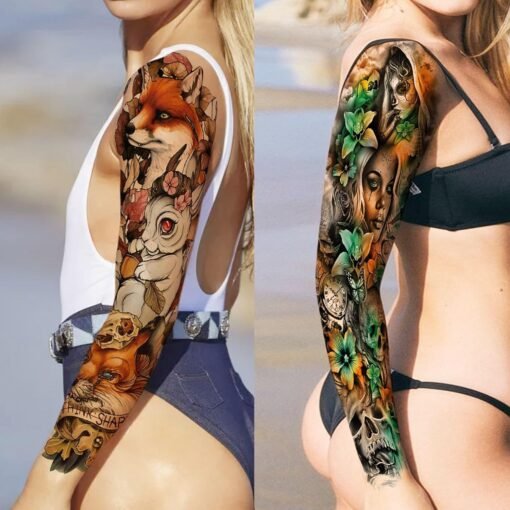 20 Sheets Extra Large Full Arm Temporary Tattoos For Women Thigh, Wolf Fox Peacock Skull Rose Flower Sleeve Tattoos For Adults, 3D Long Lasting Temp Bulk Lion Nun Witch Halloween Fake Tattoo Stickers - Image 2