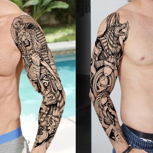20 Sheets Black Zeus God Full Arm Temporary Tattoos For Men Adults, Egypt Judgement God Albis Snake Medusa Poseidon Fake Sleeve Tattoos For Women - Image 2