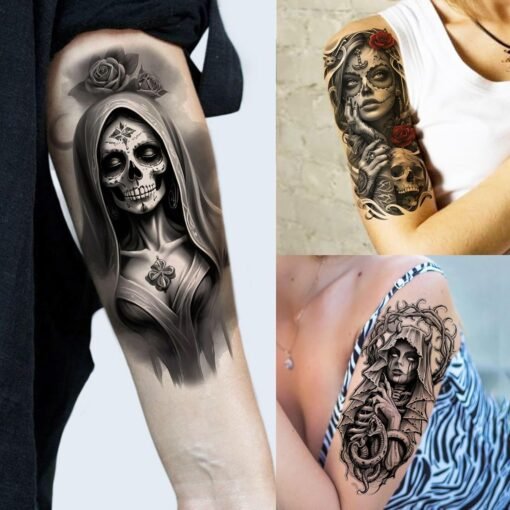 71 Sheets Halloween Chicano Women Temporary Tattoos For Men Adults Cholo Chola, Snake Prison Skull Skeleton Vampire Zombie Half Arm Sleeve Tattoo, Temp Bulk Fake Tattoo Stickers Day of Death Chicana - Image 4