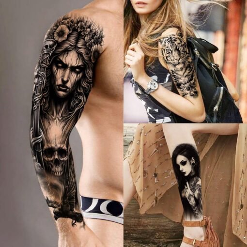 20 Sheets Black Gothic Full Arm Temporary Tattoos For Men Adults Thigh, Nun Girl Skull Skeleton Zeus God Jesus Christ Fake Sleeve Tattoos For Women - Image 3