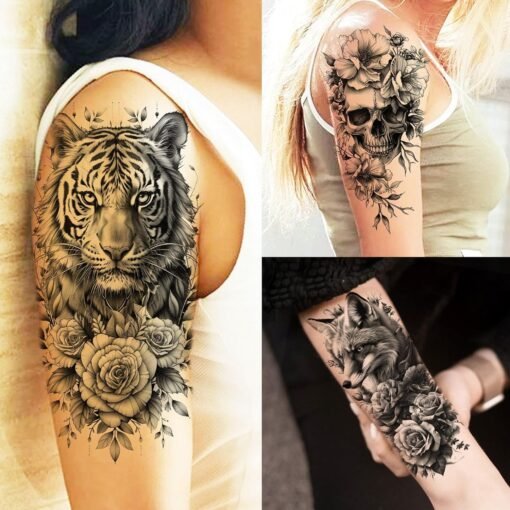 72 Sheets Realistic Lion Rose Flower Temporary Tattoos For Women Girls Adults Arm, Bulk Temp Sleeve Tattoos Peony Fox Wolf Florals, Halloween 3D Realistic Fake Tattoo Stickers Skull Skeleton Tiger - Image 2