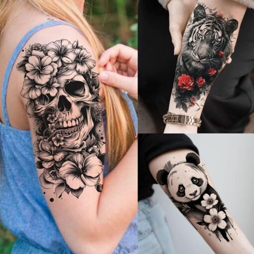 66 Sheets Snake Rose Flower Temporary Tattoos For Women Girls, Dragon Panda Florals Half Arm Sleeve Tattoo Sticker Dreamcatcher Floral, Skull Temp Butterfly Fake Tattoos For Adults Lion Tiger Leopard - Image 2