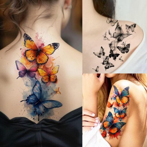 68 Sheets Realistic Butterflies Temporary Tattoos For Women Girls Adults Arm, Colored Long Lasting Temp Bulk Tattoo Rose Butterfly, 3D Black Butterfly Fake Tattoo Stickers Party Rave Accessories - Image 2