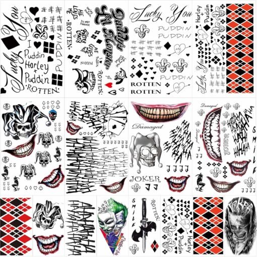 16 Sheets Joker Tattoos, Harley Quinn Tattoos, Tattoos for Suicide Squad Perfect for Halloween, Costumes, Harley Quinn Accessories Party and Cosplay