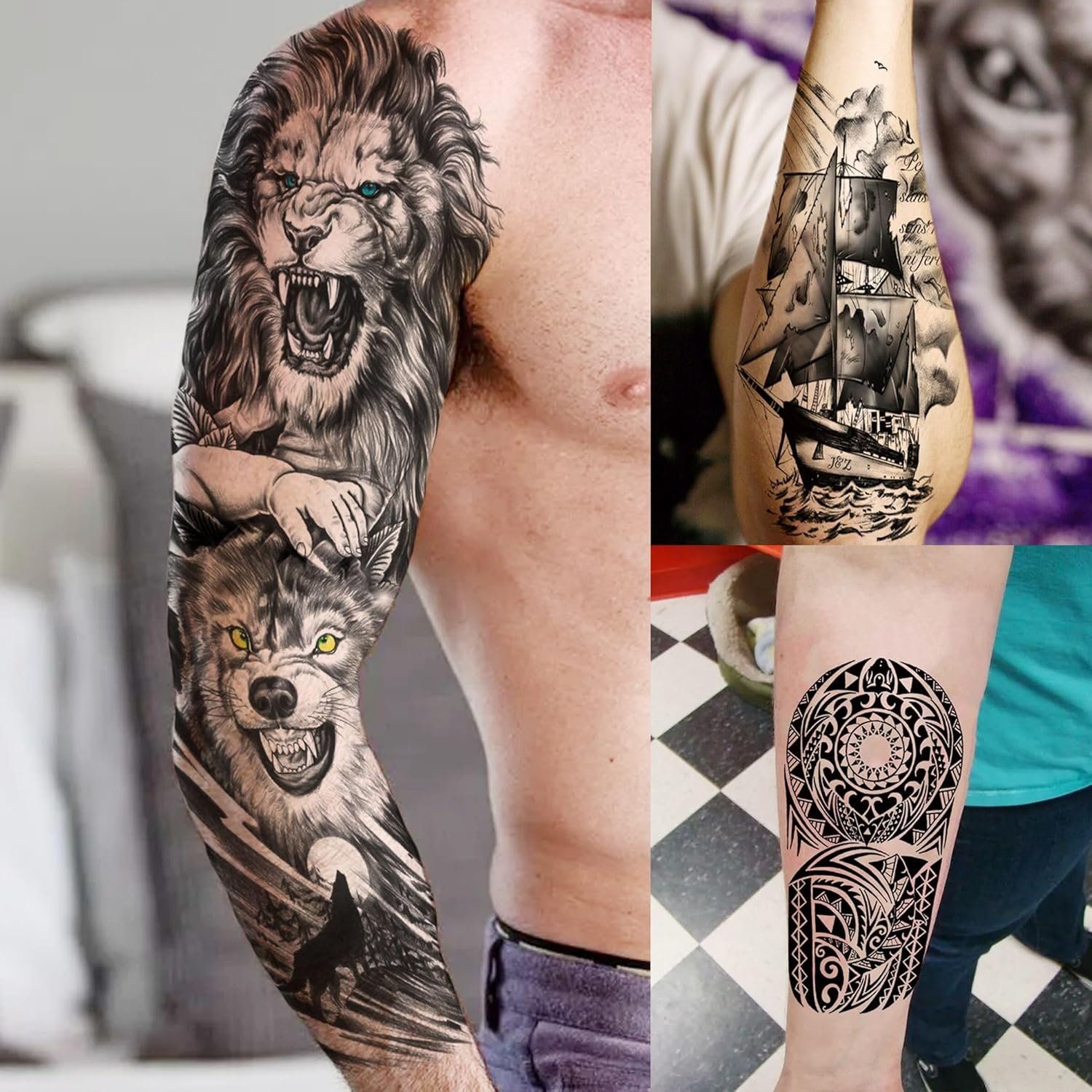 20 Sheets Extra Large Full Arm Temporary Tattoos For Women, 8 Sheets Full Sleeve Tattoos For Men Zeus Lion Tiger Ship Eagle Rose Flower Wolf, Long Lasting Temp Bulk Tattoo For Adults Maori Skull - Image 3