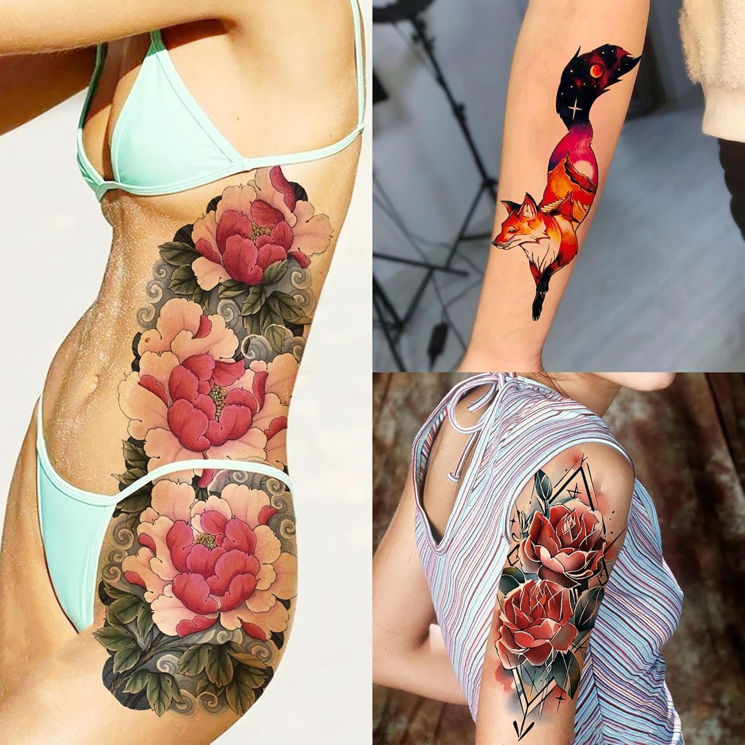 20 Sheets Sexy Rose Flower Full Arm Temporary Tattoos For Women Girl, Large Peony Lotus Florals Wolf Lion Tiger Fox Skull Fake Sleeve Tattoo - Image 5