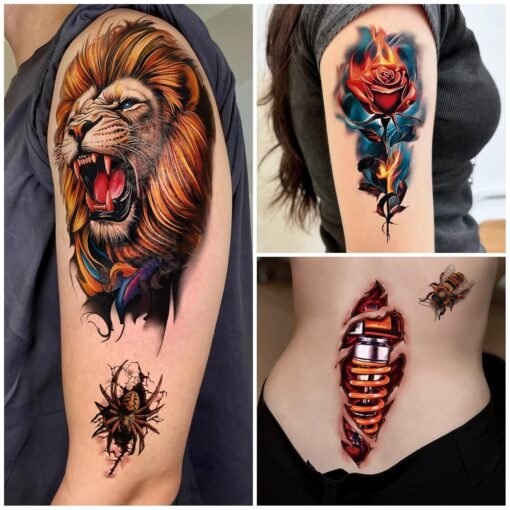 77 Sheets 3D Realistic Temporary Tattoos Adults Kids, Realistic Skull Tiger Wolf Lion Dragon Spider Snake Temporary Tattoos For Women Men, Half Arm 3D Halloween Temp Tattoos Look Real And Last Long - Image 5