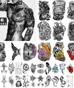 36 Sheets Temporary Tattoos Stickers Include 12 Sheets Large Stickers Fake Body Arm Chest Shoulder Tattoos for Men and Women