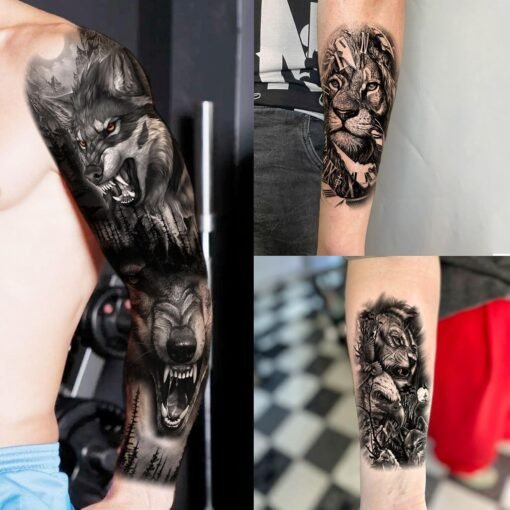 20 Sheets Cool Wolf Lion Tiger Full Arm Temporary Tattoos For Men Adults Thigh, Skull Nun Maori Flower Fake Sleeve Tattoo For Women, 3D Bulk Black Tribal Eye Halloween Clock Christ Tattoo Stickers - Image 7