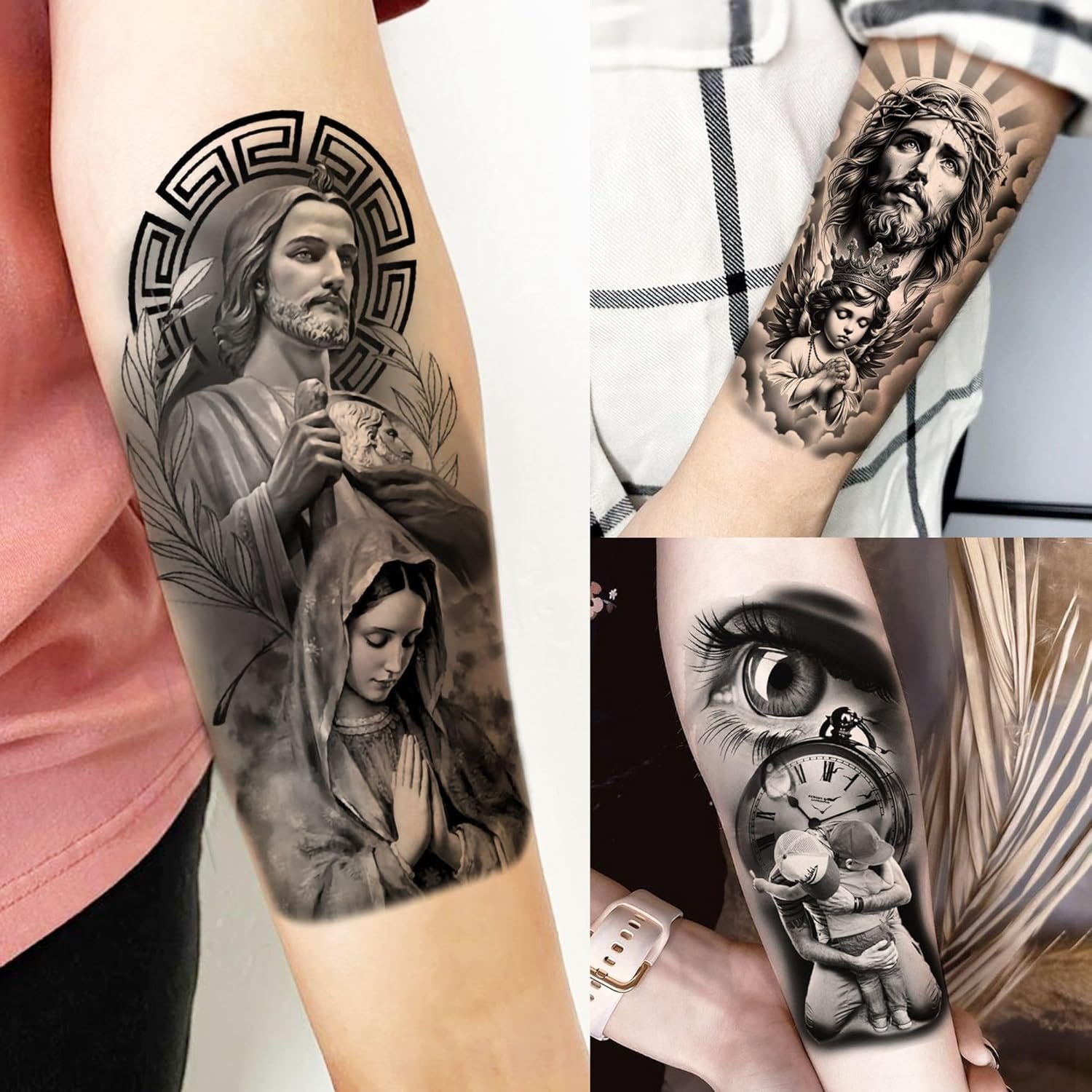 75 Sheets Loyalty Family Temporary Tattoos For Men Women, Lion Wolf Faith Belief Half Arm Sleeve Tattoo Stickers Tiger Owl, 3D Temp Long Lasting Fake Tattoos For Adults Kids Christian God Jesus Christ - Image 4