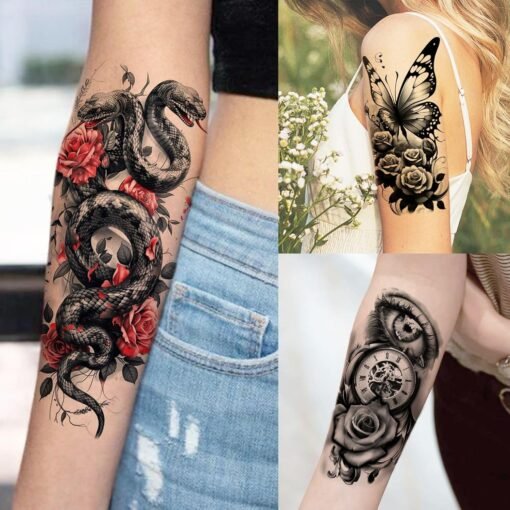 66 Sheets Snake Rose Flower Temporary Tattoos For Women Girls, Dragon Panda Florals Half Arm Sleeve Tattoo Sticker Dreamcatcher Floral, Skull Temp Butterfly Fake Tattoos For Adults Lion Tiger Leopard - Image 3