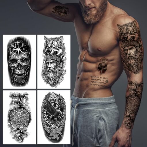 77 Sheets Viking Temporary Tattoos Adult Kids, Viking Pirate Tribal Totem Fake Tattoos Stickers, Nordic Norse Celtic Half Arm Sleeve Tattoos Body Art for Women Men - Image 4