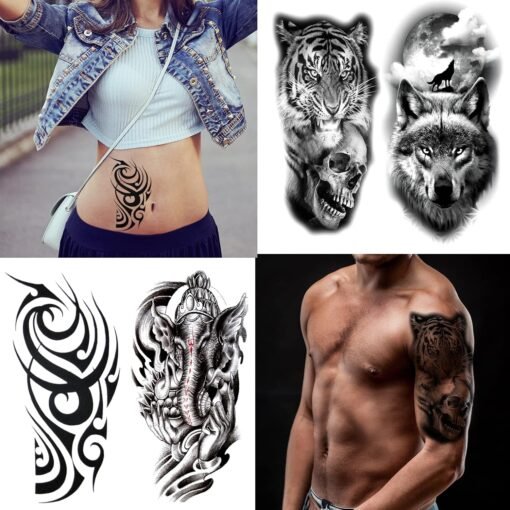 80 Sheets Temporary Tattoos Stickers, Fake Body Arm Chest Shoulder Tattoos for Men and Women, Halloween Temporary Tattoos Black Fake Skull Skeleton Tattoos for Halloween Cosplay - Image 5