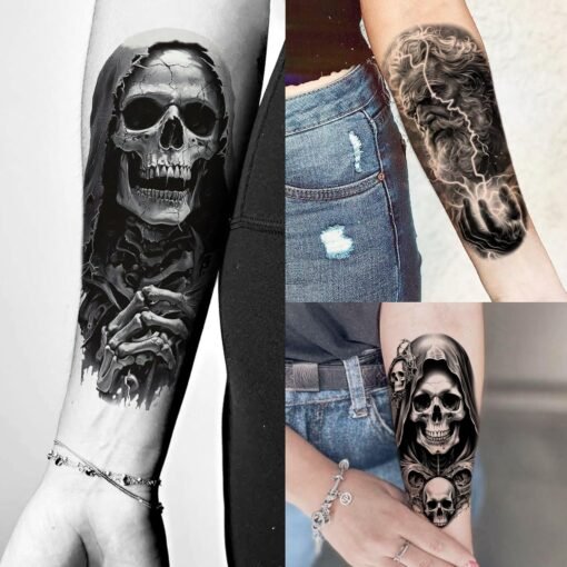 75 Sheets Skull Temporary Tattoos For Men Adults Forearm, Halloween Zeus God Lion Poseidon Half Arm Sleeve Tattoo For Women Jesus Christ Skeleton Dragon Owl, Realistic Fake Tattoo Stickers Wolf Tiger - Image 3