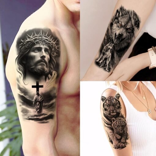 75 Sheets Skull Temporary Tattoos For Men Adults Forearm, Halloween Zeus God Lion Poseidon Half Arm Sleeve Tattoo For Women Jesus Christ Skeleton Dragon Owl, Realistic Fake Tattoo Stickers Wolf Tiger - Image 4