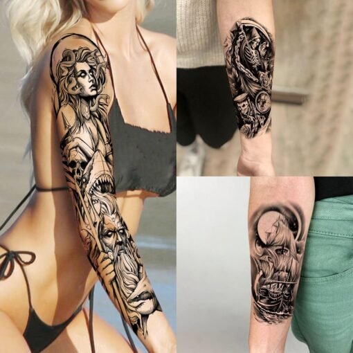 20 Sheets Black Zeus God Full Arm Temporary Tattoos For Men Adults, Egypt Judgement God Albis Snake Medusa Poseidon Fake Sleeve Tattoos For Women - Image 3