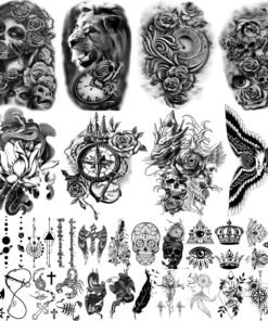 32 Sheets Temporary Tattoos Stickers, 8 Sheets Fake Body Arm Chest Shoulder Tattoos for Men Women with 24 Sheets Tiny Black Temporary Tattoos
