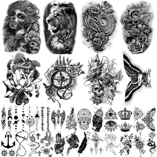 32 Sheets Temporary Tattoos Stickers, 8 Sheets Fake Body Arm Chest Shoulder Tattoos for Men Women with 24 Sheets Tiny Black Temporary Tattoos