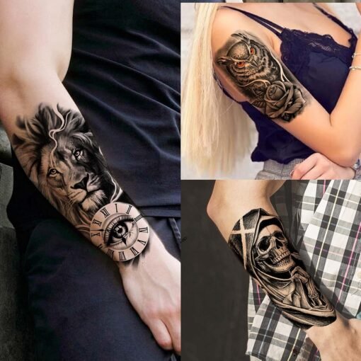 20 Sheets Black Tribal Wolf Tiger Lion Temporary Tattoo Sleeve For Men Adults, 3D Halloween Prison Gothic Maori Sleeve Tattoos For Women, Fake Full Arm Sleeve Tattoo Stickers Skull Skeleton - Image 6