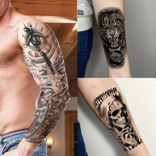 20 Sheets Cool Wolf Lion Tiger Full Arm Temporary Tattoos For Men Adults Thigh, Skull Nun Maori Flower Fake Sleeve Tattoo For Women, 3D Bulk Black Tribal Eye Halloween Clock Christ Tattoo Stickers - Image 4