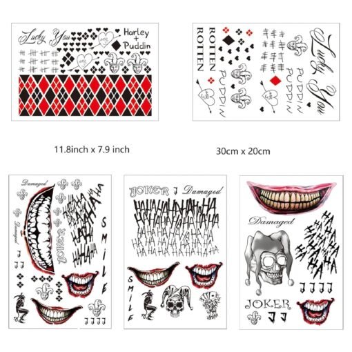 5 Large-size Sheets Halloween Temporary Tattoos for Joker, Halloween Fake Tattoos Stickers for Harley Quinn for Suicide Squad- Perfect for Halloween, Parties, Cosplay and Costumes (11.8 * 7.9 inch) - Image 3