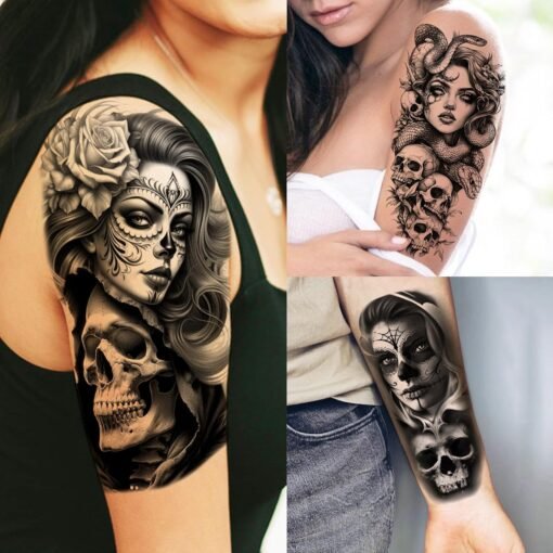 71 Sheets Halloween Chicano Women Temporary Tattoos For Men Adults Cholo Chola, Snake Prison Skull Skeleton Vampire Zombie Half Arm Sleeve Tattoo, Temp Bulk Fake Tattoo Stickers Day of Death Chicana - Image 2