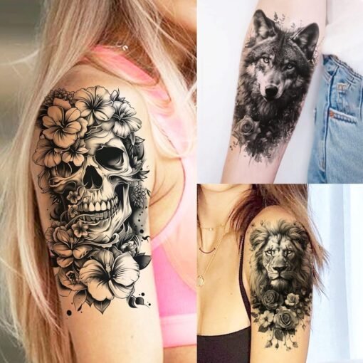 72 Sheets Realistic Lion Rose Flower Temporary Tattoos For Women Girls Adults Arm, Bulk Temp Sleeve Tattoos Peony Fox Wolf Florals, Halloween 3D Realistic Fake Tattoo Stickers Skull Skeleton Tiger - Image 3