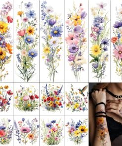 14Pcs Flower Temporary Tattoos,6 Large Watercolor Temporary Flower Tattoos, 8 Small floral temporary tattoos, Spring And Summer Body Decorations