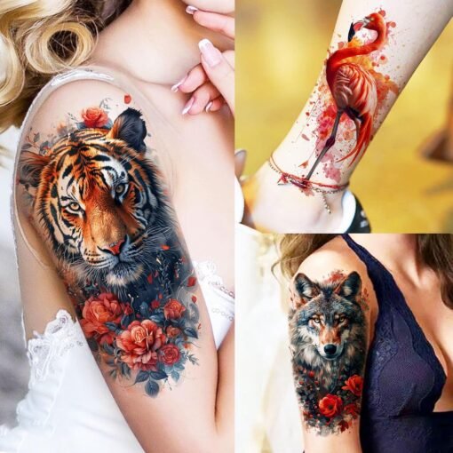 69 Sheets Watercolor Rose Flower Temporary Tattoos For Women Girls Adults Forearm, Flamingo Temp Arm Sleeve Tattoo Peony Florals Red Blue Skull Tiger, Bulk Long Lasting Fake Tattoo Stickers Butterfly - Image 3