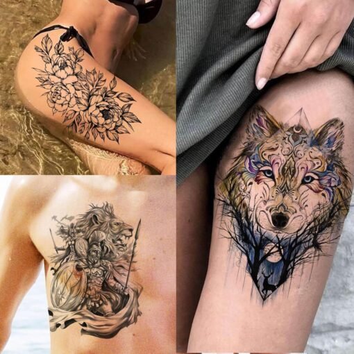 53 Sheets 3D Large Tiger Dragon Temporary Tattoos For Women Thigh Men Arm Adult, Half Sleeve Halloween Gangster Lion Owl Fake Tattoo Sticker, Warrior Wolf Flower Bulk Tiny Small Tatoos Finger - Image 4