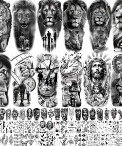 75 Sheets Loyalty Family Temporary Tattoos For Men Women, Lion Wolf Faith Belief Half Arm Sleeve Tattoo Stickers Tiger Owl, 3D Temp Long Lasting Fake Tattoos For Adults Kids Christian God Jesus Christ