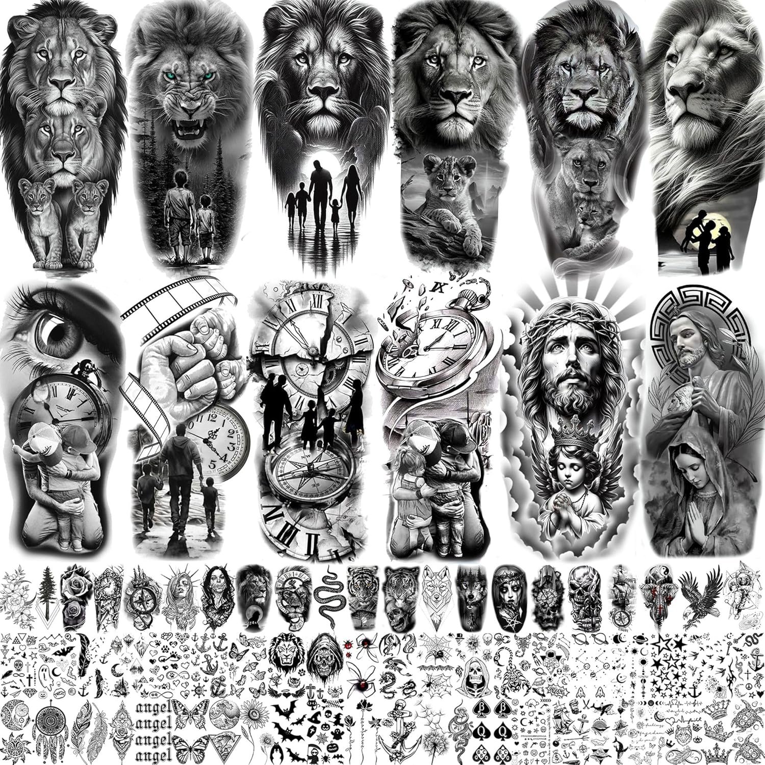 75 Sheets Loyalty Family Temporary Tattoos For Men Women, Lion Wolf Faith Belief Half Arm Sleeve Tattoo Stickers Tiger Owl, 3D Temp Long Lasting Fake Tattoos For Adults Kids Christian God Jesus Christ