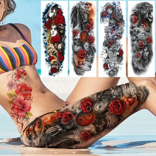 20 Sheets Extra Large Full Arm Temporary Tattoos For Women Thigh, Wolf Fox Peacock Skull Rose Flower Sleeve Tattoos For Adults, 3D Long Lasting Temp Bulk Lion Nun Witch Halloween Fake Tattoo Stickers - Image 4