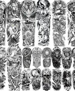 20 Sheets Extra Large Full Arm Temporary Tattoos For Women, 8 Sheets Full Sleeve Tattoos For Men Zeus Lion Tiger Ship Eagle Rose Flower Wolf, Long Lasting Temp Bulk Tattoo For Adults Maori Skull