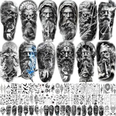 74 Sheets Black King Of The Greek God Zeus Temporary Tattoos For Women Men Adults Mythology, Poseidon Trident Halloween Fake Tattoo Stickers Compass Tribal Eye Totem, Temp Gothic Tattoo Lightning Bolt