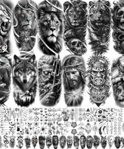73 Sheets Zeus God Temporary Tattoos For Men Adults Forearm, Halloween Lion Poseidon Half Arm Sleeve Tattoo For Women Jesus Christ Skeleton Maori Warrior, Temp Bulk Fake Tattoo Stickers Eagle Tiger