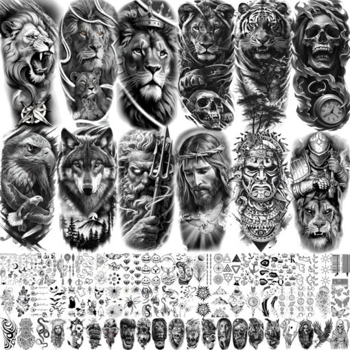 73 Sheets Zeus God Temporary Tattoos For Men Adults Forearm, Halloween Lion Poseidon Half Arm Sleeve Tattoo For Women Jesus Christ Skeleton Maori Warrior, Temp Bulk Fake Tattoo Stickers Eagle Tiger